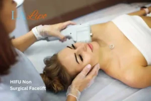 Woman having Hi-Fu to reduce wrinkles Bagshot.