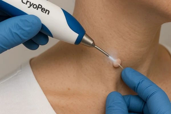 Person receiving Cryotherapy skin tag removal Bagshot