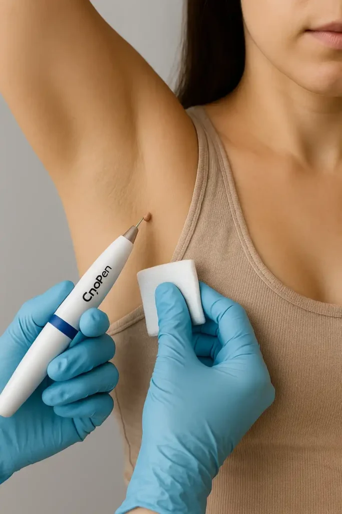 woman having cryopen to remove underarm skin tags Bagshot