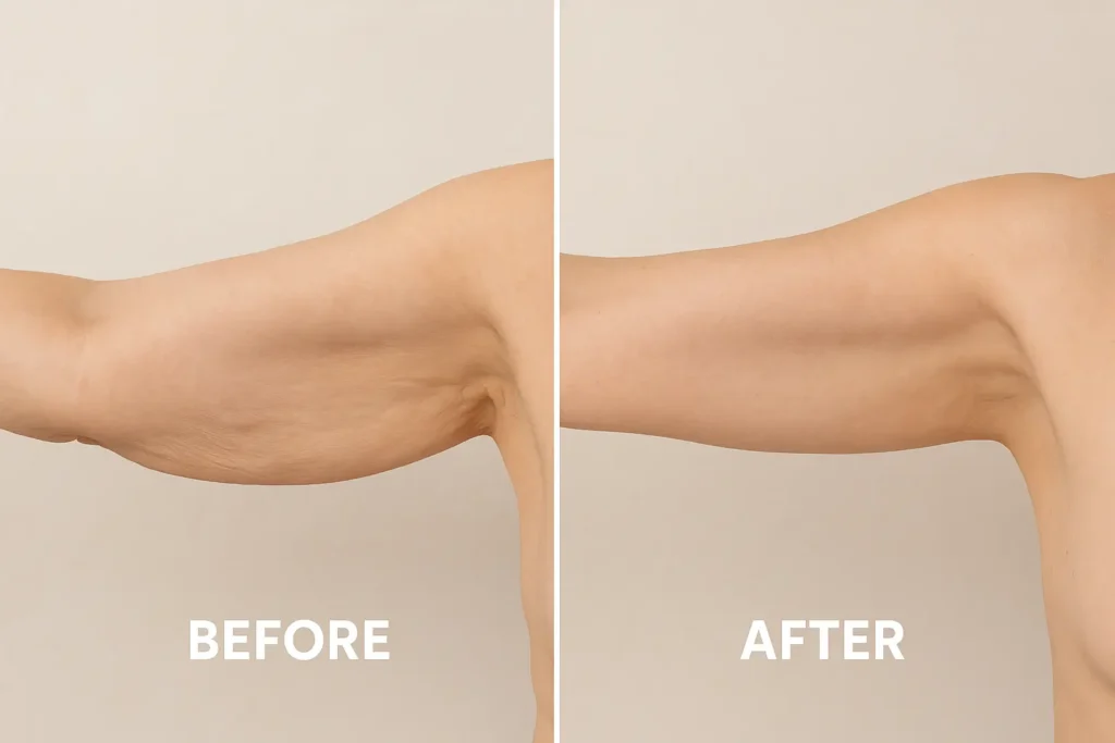 Picture of LA LIPO Bagshot before and after results of skin tightening treatment on the upper arms.