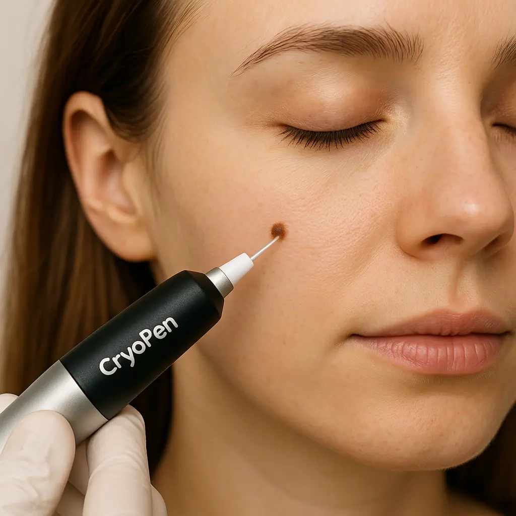 woman receiving facial mole removal Bagshot using cryopen 